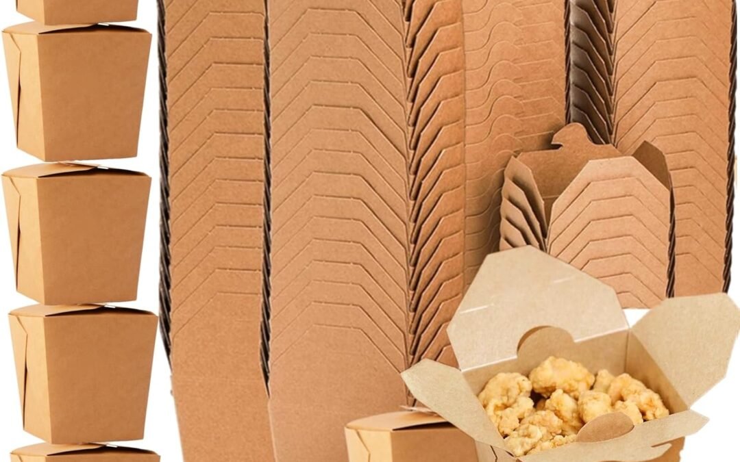 OEM 100 Pack 8oz Chinese Take Out Boxes, Small Kraft Paperboard To Go Food Containers, Leakproof Greaseproof Stackable Mini Food Pails for Restaurants Event Parties, Microwaveable Factory