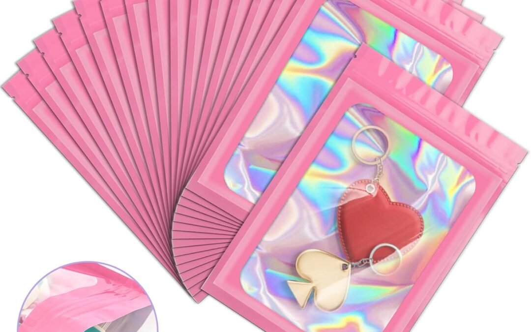 OEM 100 Pack Holographic Bags, Resealable Bags Packaging Bag with Clear Window Resealable Odor Foil Pouch for Food Storage, Lipgloss&Jewelry Lash Packaging(Pink, 2.4 x 3.9 Inch) Factory