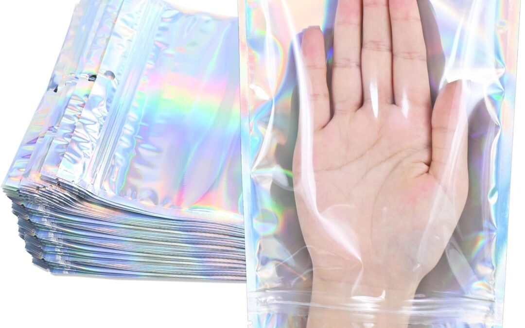 OEM 100 Pack Holographic Resealable Plastic Bags for Food Storage, Zipper Bags with Clear Front Window, Packaging Pouch for Small Business (100 Pack, 2.8×4 inch) Factory