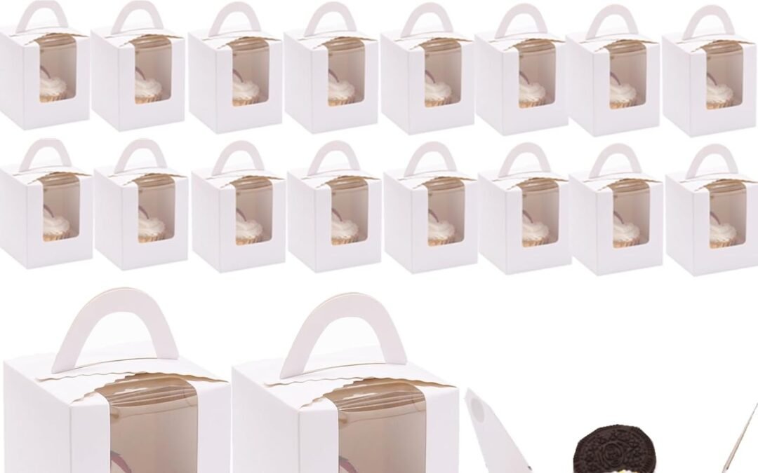 OEM 100 Pack Single Cupcake Boxes with Window, White Individual Cupcake Containers with Handle, 3.7×3.7×4.5 Inch Kraft Paper Favor Bakery Container for Small Cake, Muffins, Birthday, Wedding Factory
