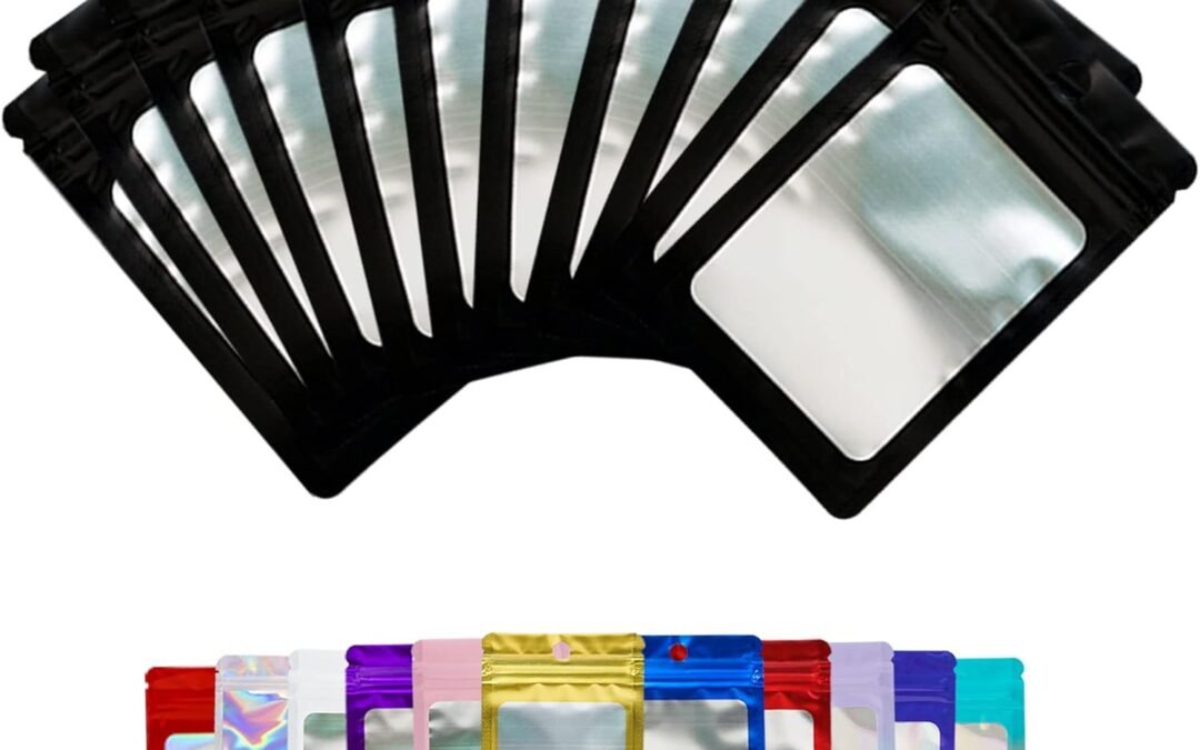 OEM 100 Pieces Black Resealable Mylar Holographic Bags Food Storage Smell Proof Bags with Front Window Packaging Pouch for Cookies Sample Jewelry Snack,2.36 * 3.94 inches Factory