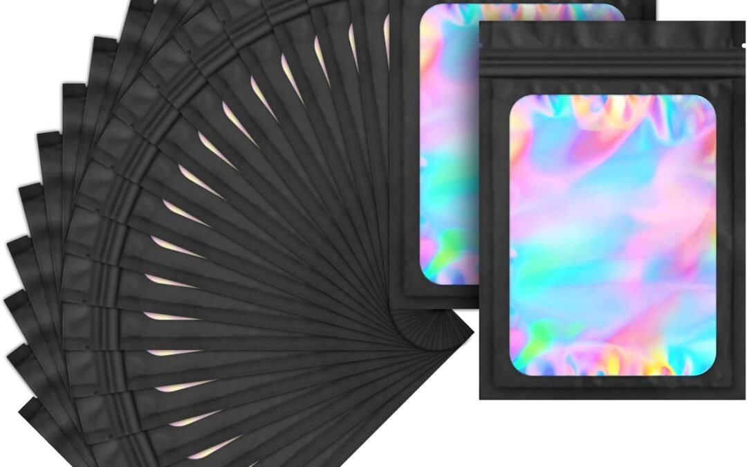 OEM 100 pack mylar bags holographic smell proof packaging bag for small bussiness resealable zipper sealable pouch bags sample, jewelry, lipgloss, food,soap,electronic supplies(4×6 inch,black) Factory