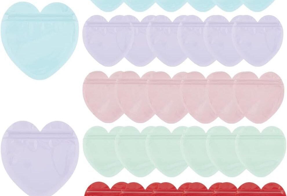 OEM 100Pcs 5 Colors 3.9 x 3.9 Inch Heart Shaped Jewelry Pouches Ziplock Packaging Bags Self Seal Plastic Pink Colorful Resealable Clear Gift Bag for Small Business Earrings Jewelry Storage Holder Factory