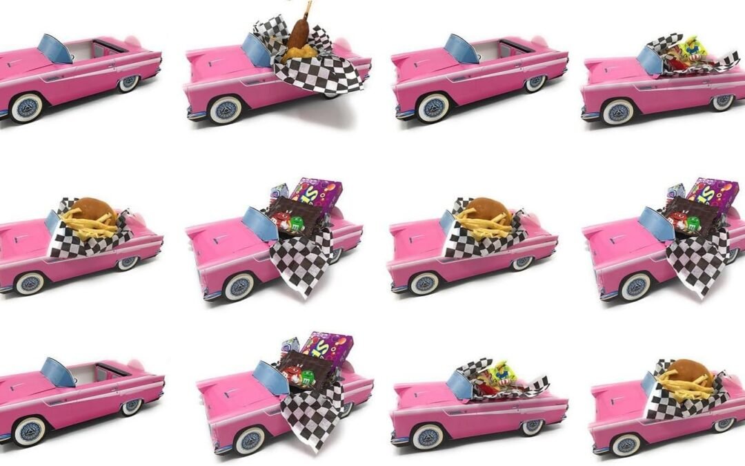 OEM 12 Classic Car Party Food Boxes with Wax Paper – 50’s Pink Birthday Set Factory