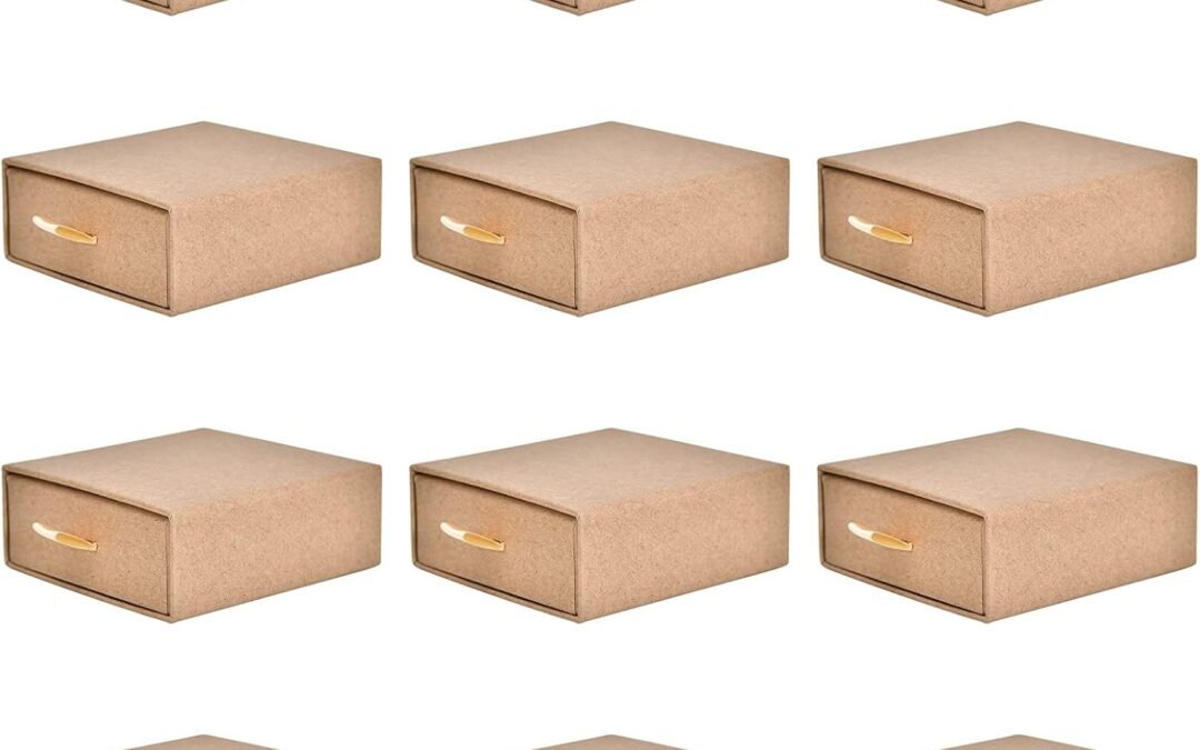 OEM 12 Pack Set Cardboard Drawer Display Jewelry Boxes, Driew 3.5×3.5 1.4inch Kraft aper Gift Boxes Thick Paper Box Bulk Jewelry Gift Packaging Gift Case Sponge Insert and Lids Small Kraft Paper Box for Factory