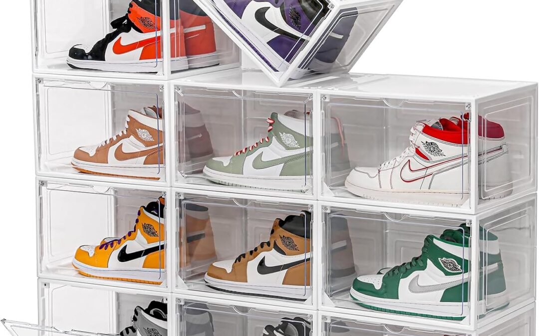 OEM 12 Pack White Shoe Boxes Stackable,Large Shoe Storage Organizer with Magnetic Door,Drop Side Shoe Containers for Entryway,Sneaker Storage Fit up to US Size 12 for Men/Women(13’’x10.62”x8.26” Factory