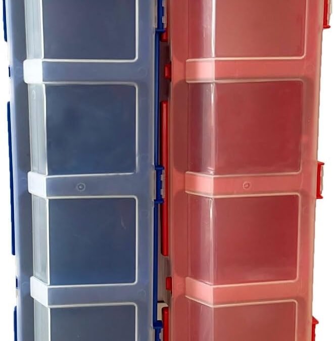 OEM 2 Pcs Screw Organizers Storage Bins with Lids, Plastic Stackable Hardware Organizer Box for Garage Nails/Craft Tool Organizing, Tool Cart Cabinet Workbench Drawers with 4-Compartments (Blue) Factory