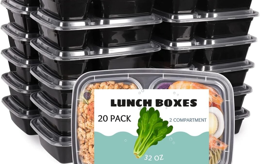 OEM 20-Pack 32oz 2 Compartment Meal Prep Containers with Lids BPA-Free Reusable Food Storage Box Microwave and Freezer Safe Two Compartment Lunch Tray for Salad and Snacks To-Go Black Plastic Containers Factory