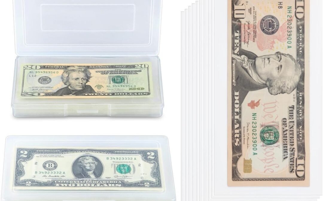 OEM 200 Packs Currency Sleeves with Plastic Storage Case, PP Material Clear Dollar Bill Holder for Collector, Paper Money Currency Sleeves Top Loading, Protector for Banknote, Stamp and Coupons Factory