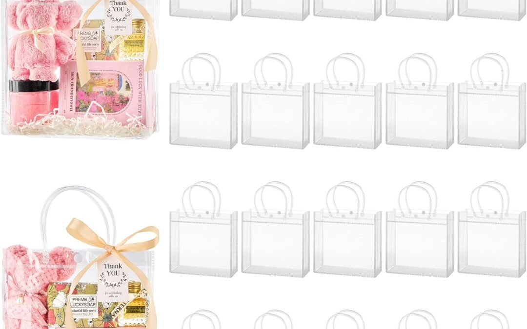 OEM 24 Pack Clear Plastic Gift Bags with Handles, Party Favor Bags with Ribbons and Tags, Reusable Goodie Tote Bags for Wedding Baby Shower Mother’s Day (7.9” x 7.9” x 3.2″) Factory