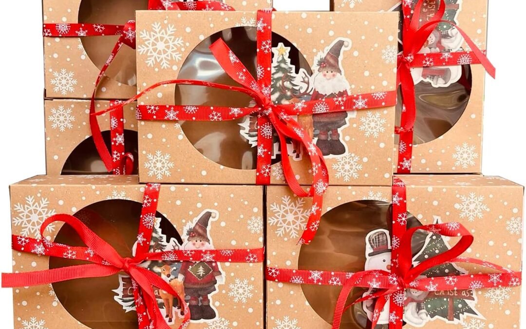 OEM 24 Packs Christmas Cookie Boxes with Window, Food Grade Kraft Bakery Treat Boxes with Oilpaper and Ribbons, Cupcake Boxes for Holiday Gift Giving, Christmas Food Containers Party Favors Factory
