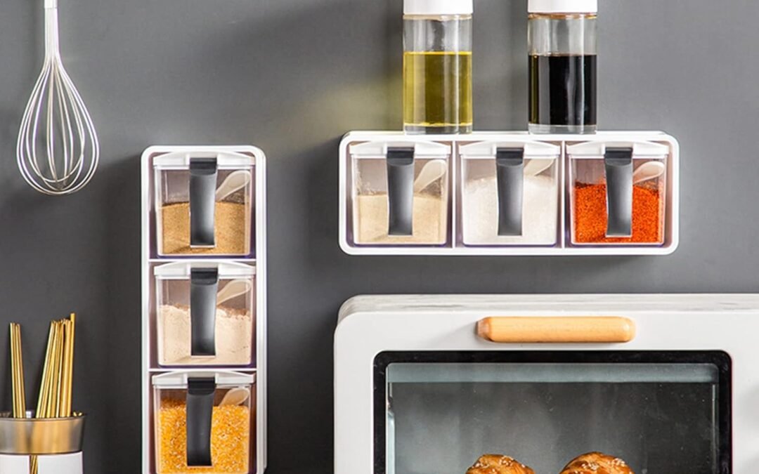 OEM 3-Grids Seasoning Box with Tray, Salt Container, Hanging Wall Spice Rack, Kitchen Spice Pot with Spoon, Salt Pepper Sugar Storage Container Jar Cruet for Counter, White Factory