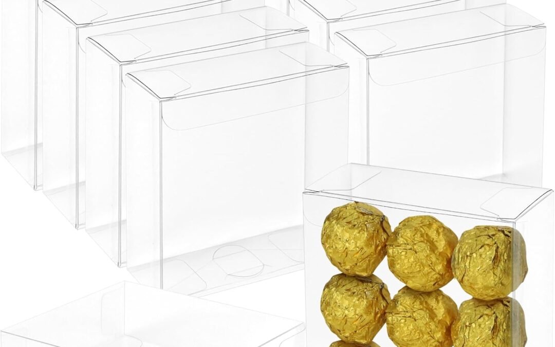 OEM 30 Pack Plastic Favour Boxes with Full Window, 4x4x1.2inch Small Clear Treat Boxes for Packaging Cookies, Chocolate, Macaron, Candy as Wedding, Christmas Party, Festival Gift Factory