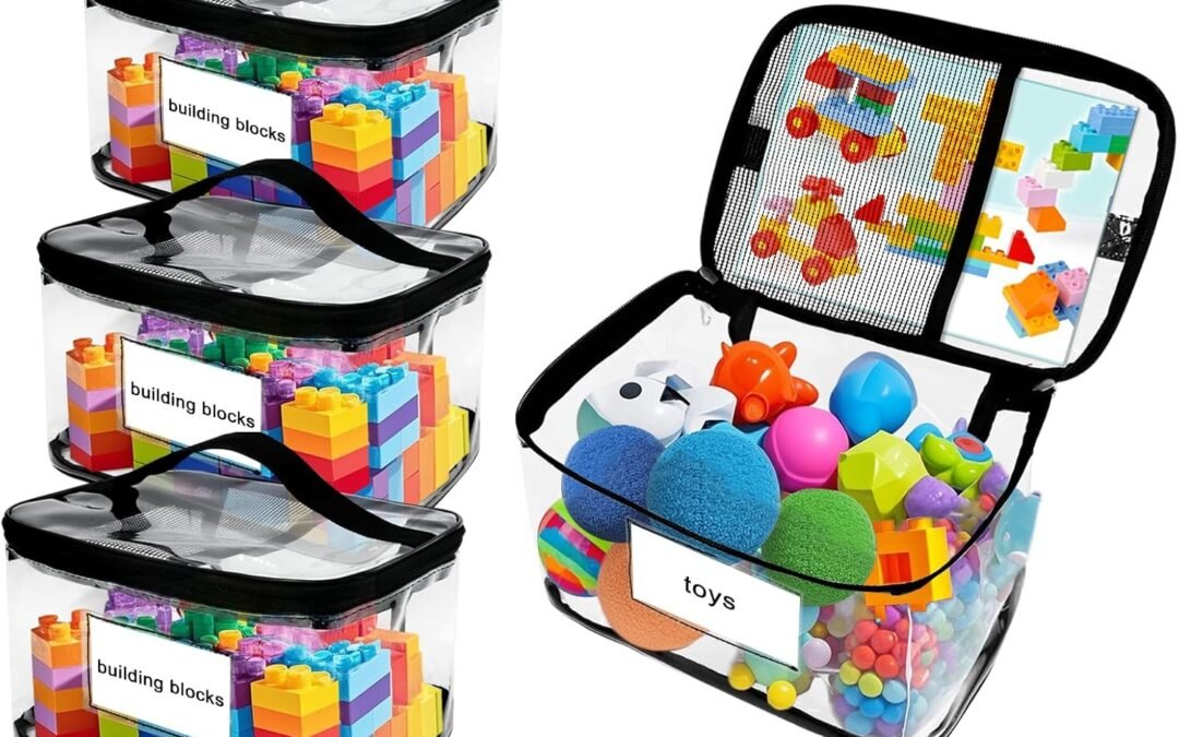 OEM 4 Pack Storage Bags, Transparent PVC Toy Organizer, Clear Containers Case with Zipper & Manual Pocket, Visible Case for Lego, Blocks, Puzzles Factory