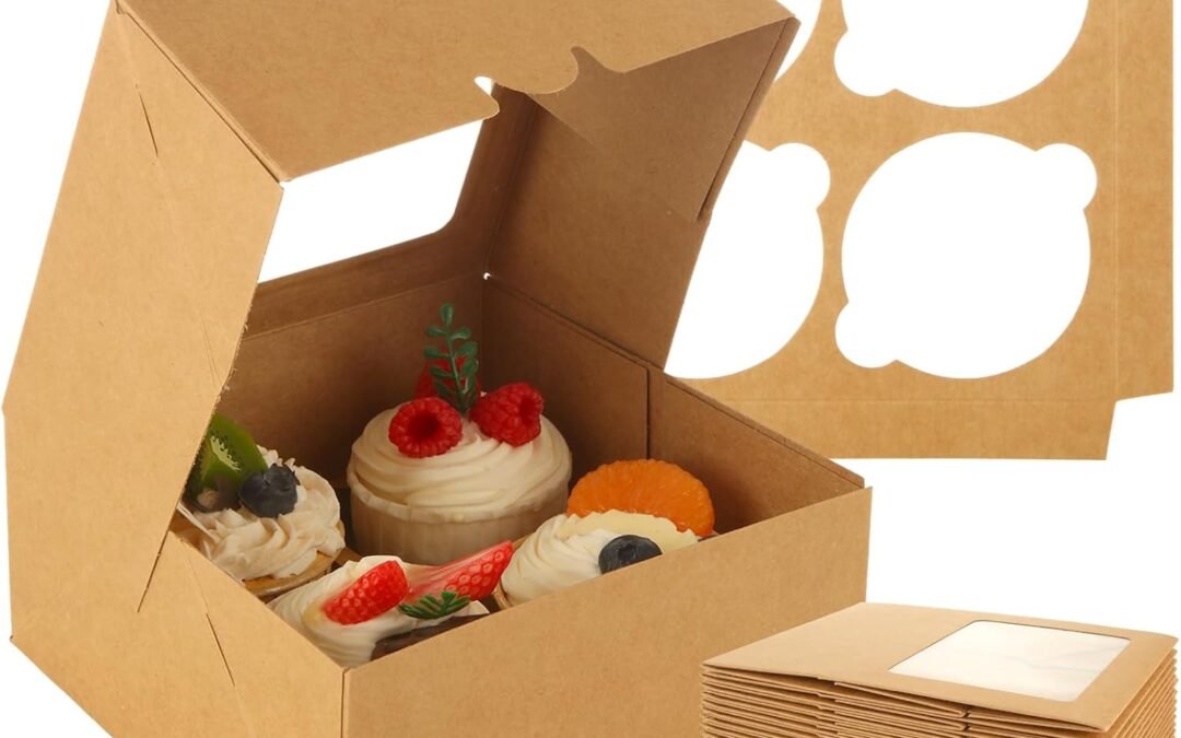 OEM 40 Pack Cupcake Boxes Hold 4 Standard Cupcakes, Brown Cupcake Containers with Window and Inserts, Food Grade Cupcake Holders Bakery Carrier Boxes for Cupcakes, Muffins and Pastries, Auto pop up Factory