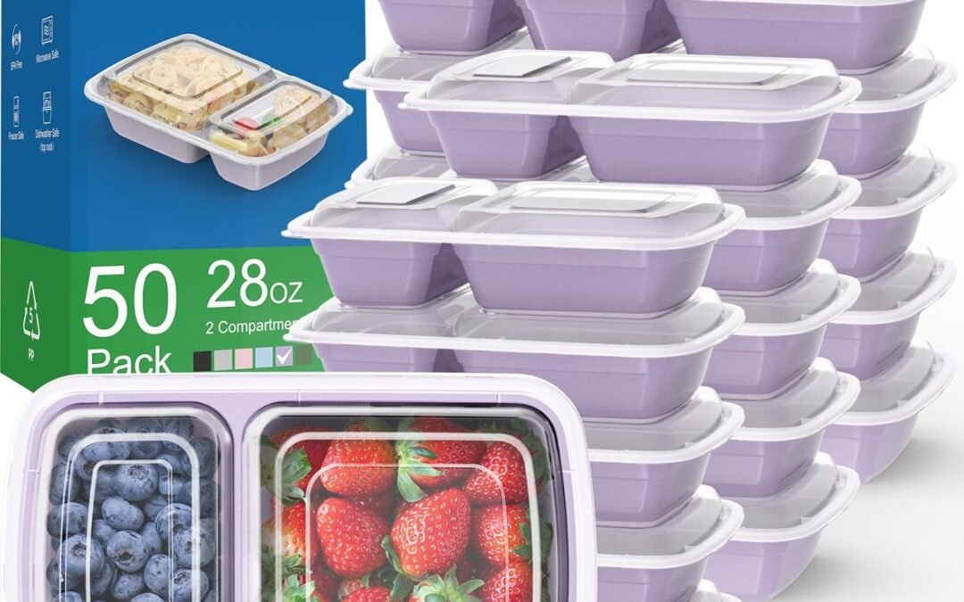 OEM 50 Pack (100-Piece) 28 oz Meal Prep Containers Reusable with Lids 2-Compartment, Sturdy Leakproof Food Safe, Microwave Freezer Dishwasher Safe, To Go Take Out Plastic Food Storage, Lilac Factory