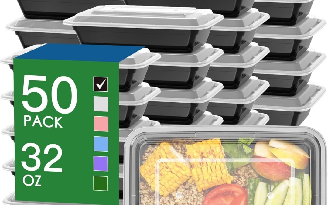 OEM 50 Pack (100-Piece) 32 oz Meal Prep Containers Reusable with Easy Open Lids, Sturdy Leakproof Food Safe, Microwave Freezer Dishwasher Safe, To Go Take Out Plastic Food Storage Pans with Lids, Black Factory