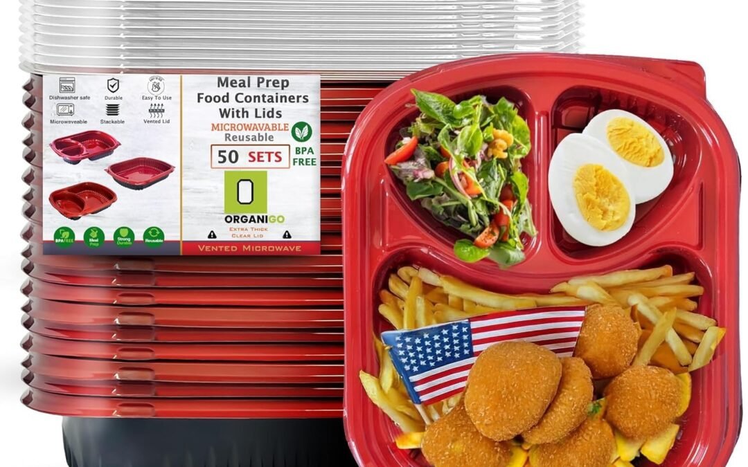 OEM 50 Pack (3-Compartments) 34 oz Meal Prep Containers Reusable with Lids, Sturdy & BPA Free, Microwave, Freezer, Dishwasher Safe Food Prep Containers, To Go Take Out Plastic Food Storage, bento box Factory