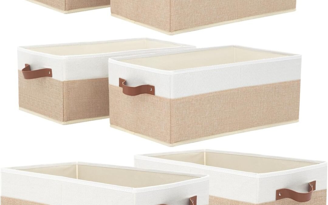 OEM 6 Pack Fabric Storage Bins, Large Storage Baskets for Shelves, Foldable Closet Organizer Storage Boxes with Leather Handles for Clothes, Sheets, Jeans, Toys, Books (Beige and White) Factory