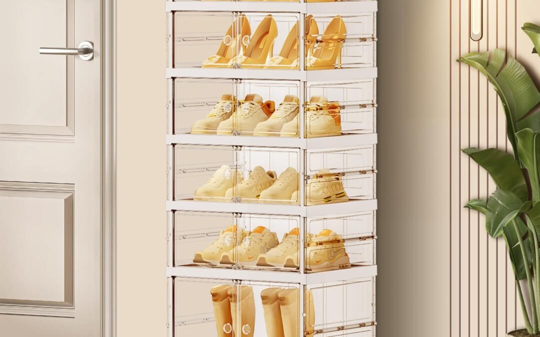 OEM 6-Tier Foldable Shoe Rack for Closet Entryway 6-12Pairs,Stackable Clear Shoe Storage Boxes Organizer with Door Plastic Small Shoe Cabinet Bins with Lids Shoes Shelf Easy Assembly White Factory