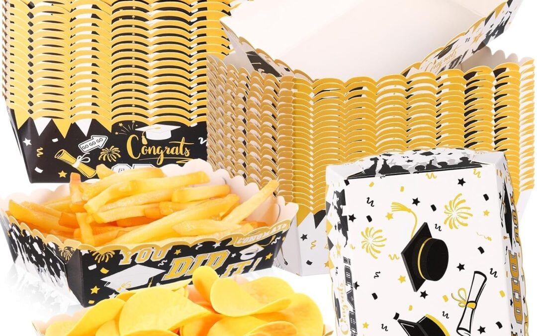 OEM 60 Pcs 2025 Black Graduation Paper Food Trays Congrats Grad Disposable Plates Food Holder Nacho Hot Dogs Popcorn Snacks Serving Boats for Graduation Party Decorations Supplies Factory