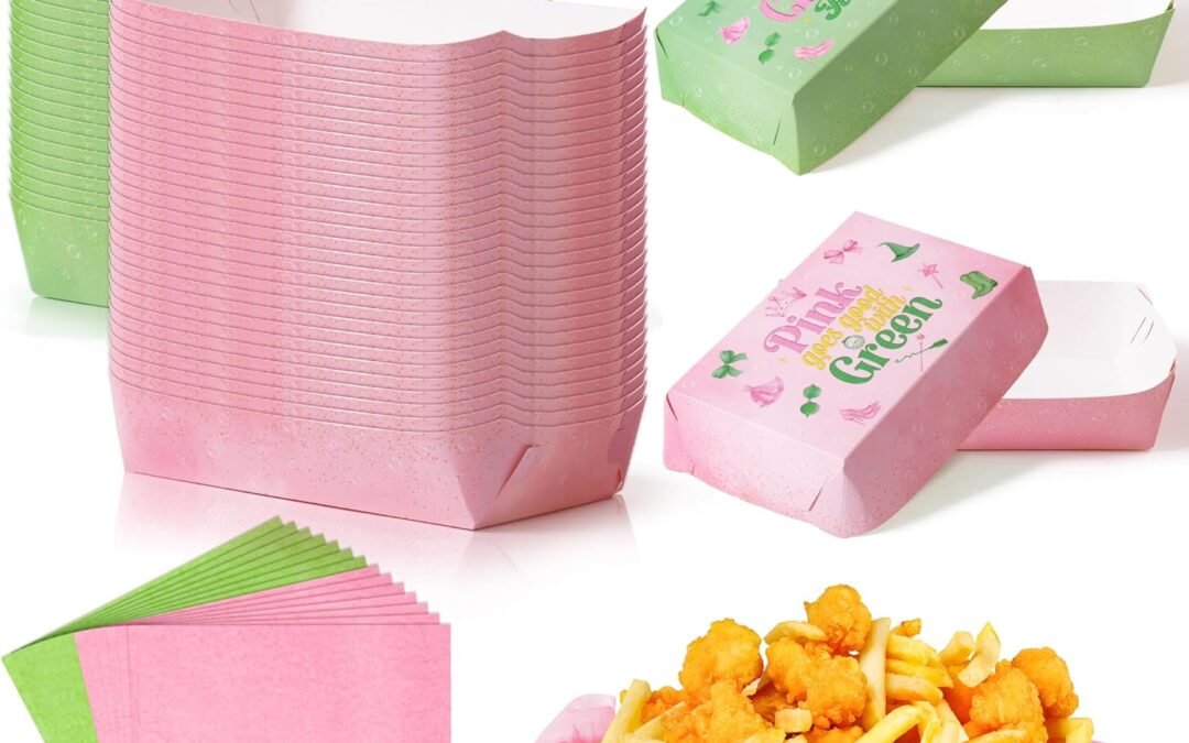 OEM 60Pcs Witch Party Food Trays & Greaseproof Paper Foldable Paper Food Boats Disposable Snack Container Box Plates for Chips Hot Dogs Burger Popcorn BBQ Party Picnic Booth Supplies Pink Green Factory