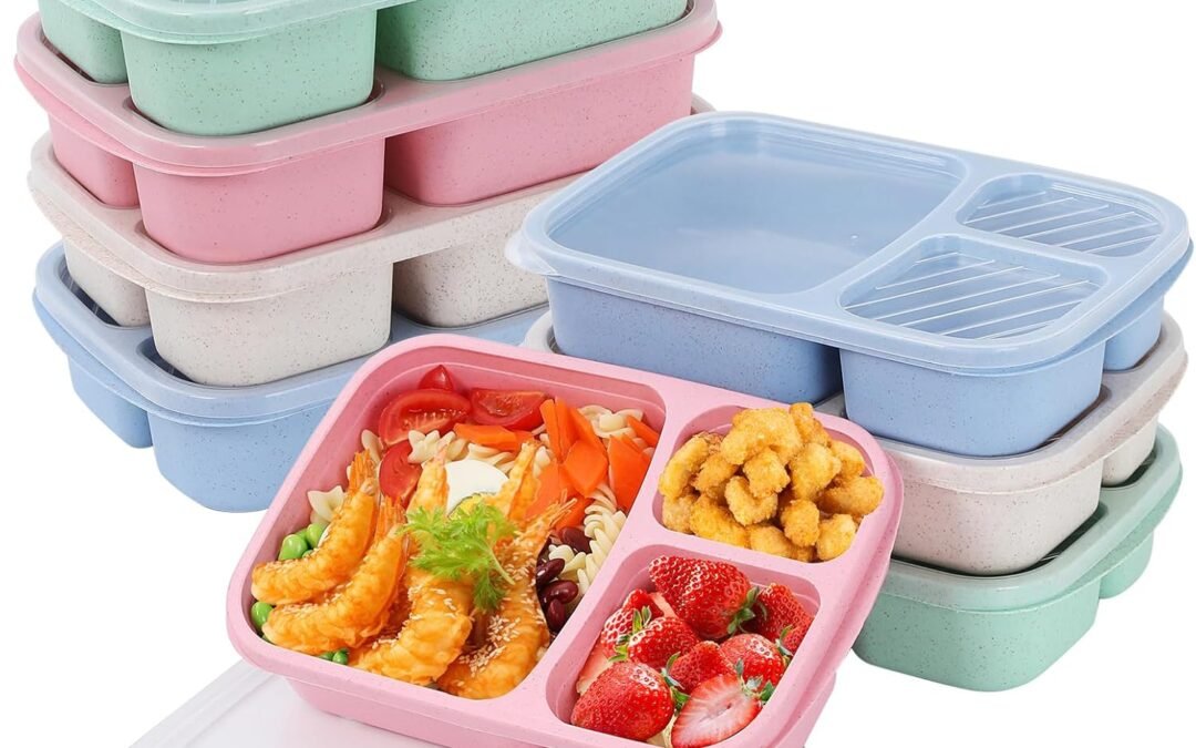 OEM 8 Pack Bento Lunch Box Set 3 Compartment Wheat Straw Meal Prep Food Storage Containers Plastic, Microwave and Dishwasher Safe(light colour) Factory
