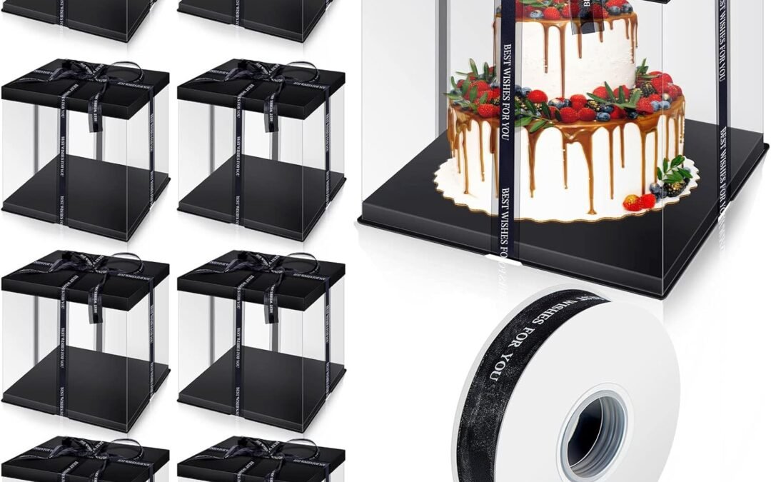 OEM 9 Pcs Large Cake Pet Clear Box with Ribbon and Pre Folded Lid, 10 x 10 x 9 Inch Tall Cake Box for 8 Inch Cake of Bakery Pastries Baking Cookie Display, Gift Packing, Birthday Wedding Party (Black) Factory
