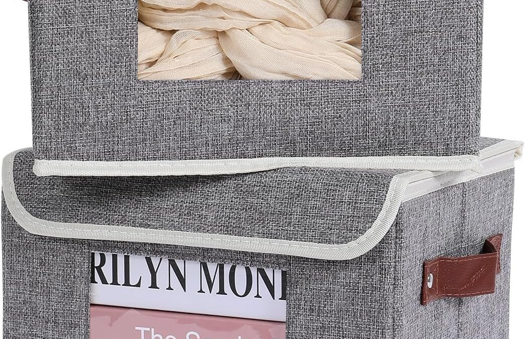 OEM ANMINY 2 PCS Fabric Storage Bins with Lid PU Leather Handles Clear Window Washable PP Plastic Board Decorative Foldable Lidded Cotton Linen Storage Boxes Baskets Closet Organizer – Gray, Small Size Factory