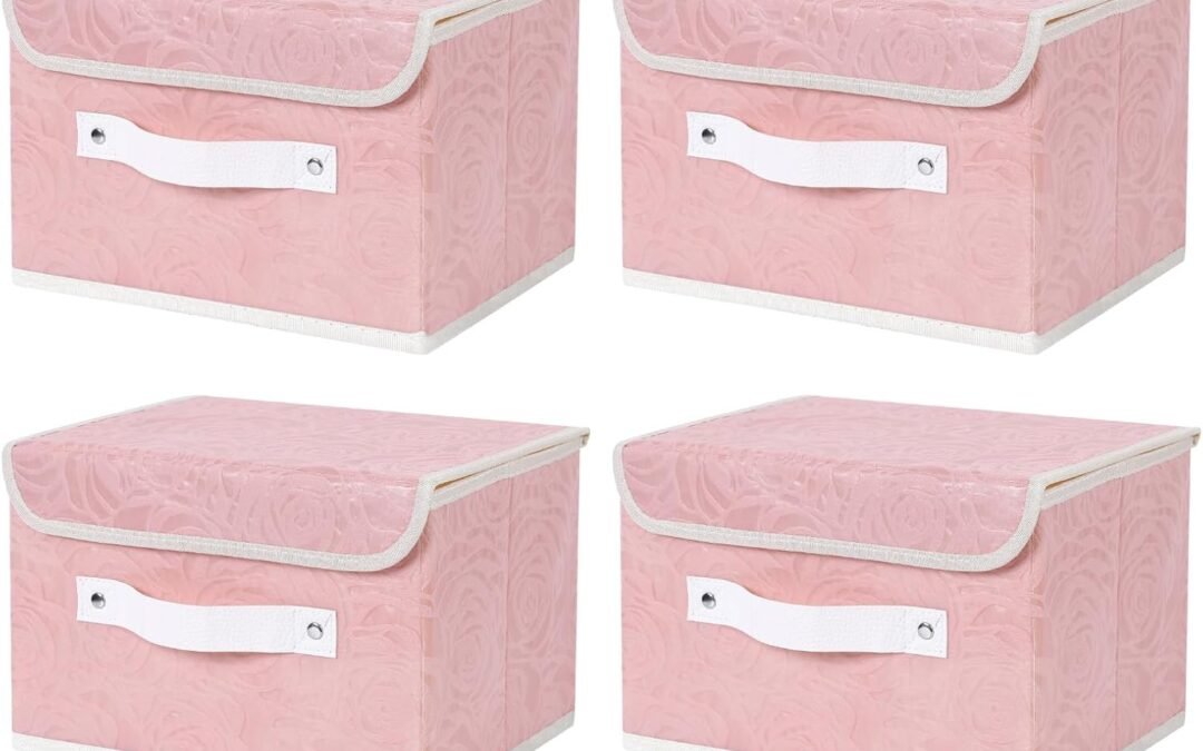 OEM ANMINY 4PCS Fabric Storage Bin with Lid Rose Print Storage Box Basket with PU Leather Handles Washable PP Plastic Board Decorative Foldable Lidded Shelf Cubes Closet Organizer – Pink, Small Size Factory