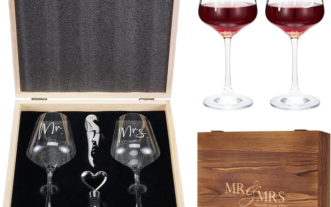 OEM AW BRIDAL Wedding Gifts Bridal Shower Gifts Engagement Gift for Couples Newlyweds Mr & Mrs Wedding Wine Glasses Set of 2 – Wine Opener Wine Stopper with Engraved Wooden Keepsake Box Factory