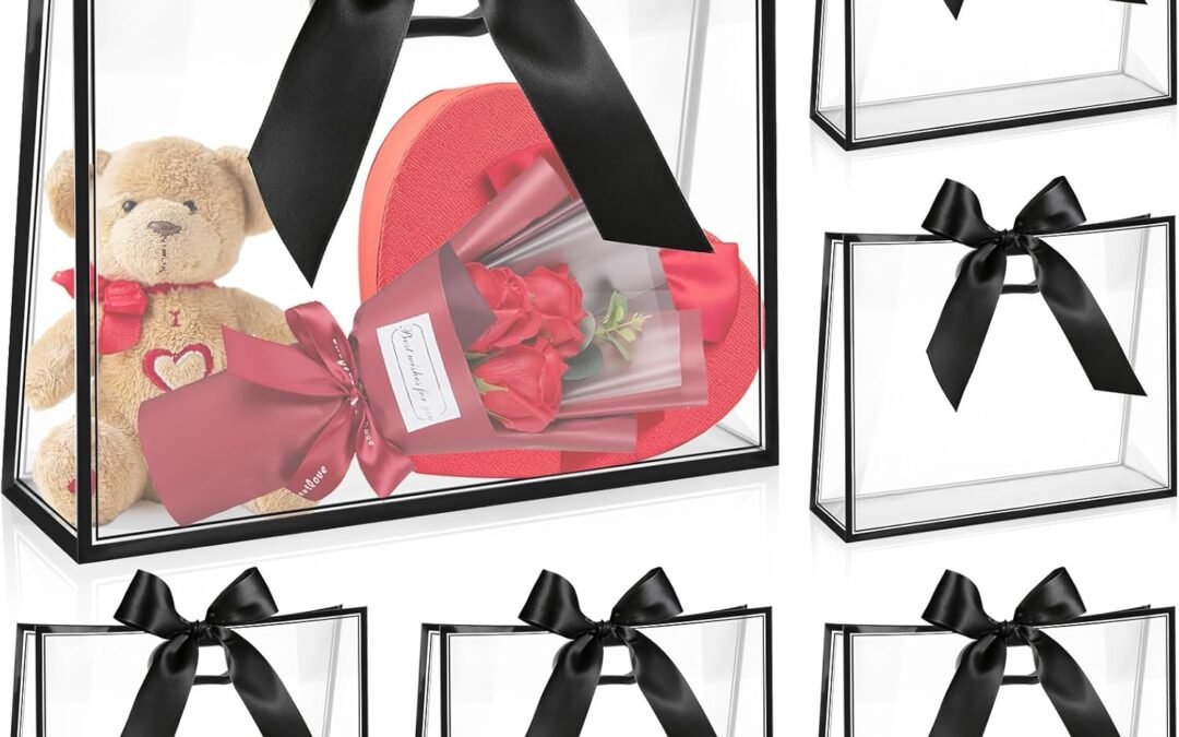 OEM Aliceset 12 Pcs Clear Plastic Gift Bags with Die Cut Handles Graduation Reusable Flower Gift Bag with Ribbon for Wedding Bridal Shower Baby Shower Birthday Party Business, 12 x 10 x 5”(Black) Factory