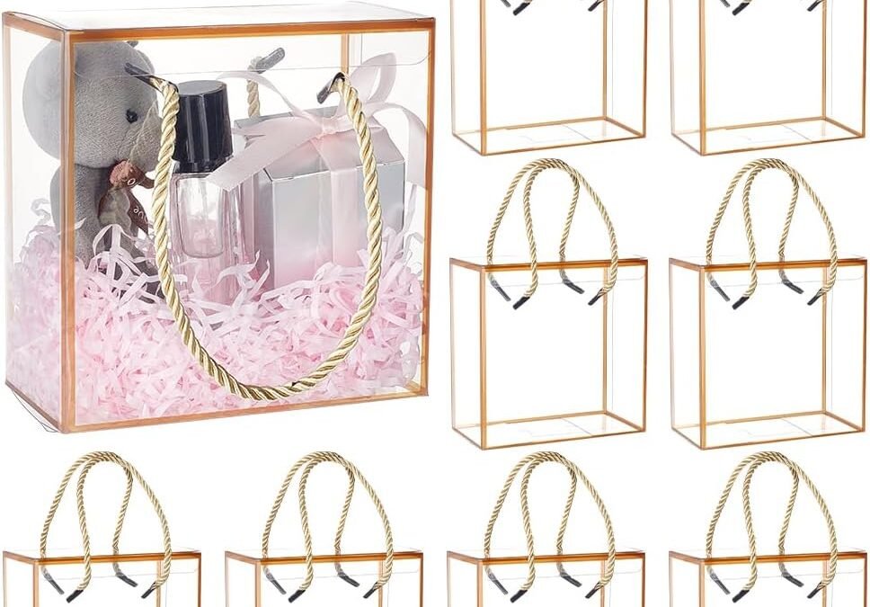 OEM BENECREAT 10 Set Transparent Favor Boxes, 5.5×5.5×3 Inch Treat Gift Boxes with Goldenrod Border Lace and Handle for Candy Chocolate, Party Favors, Christmas Gift Packaging Factory