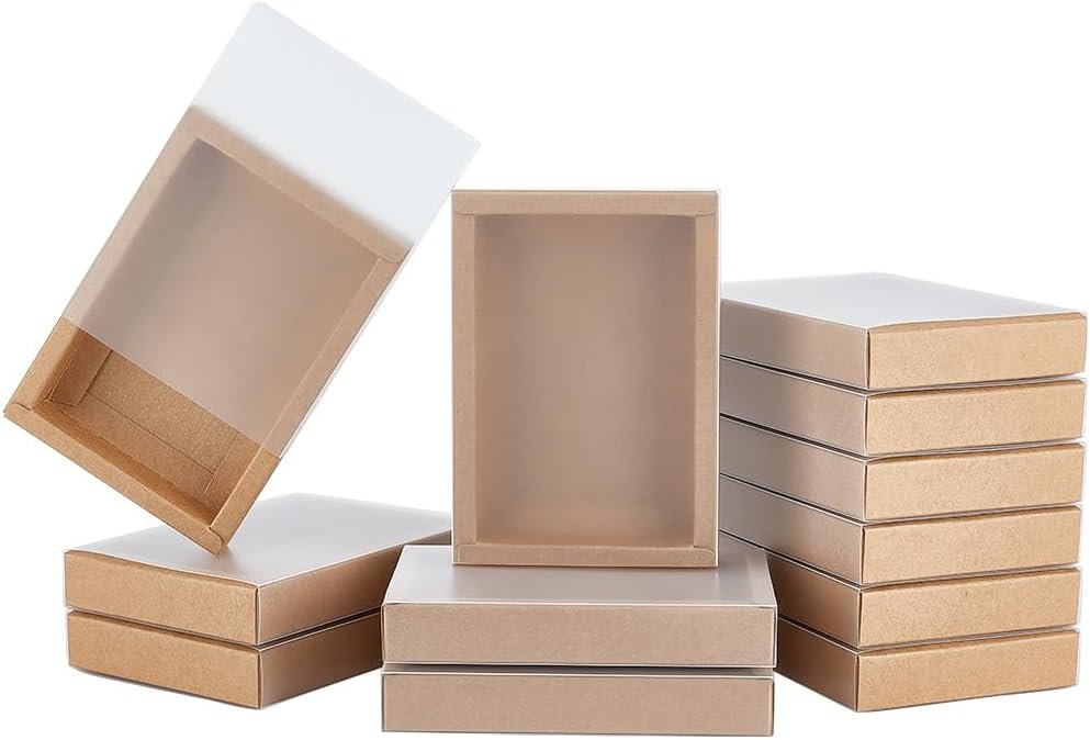 OEM BENECREAT 16PCS Kraft Gift Drawer Box with Translucent Plastic Lid and PVC Frosted Window for Wedding and Jewellery Packaging, 5.4×3.8x1inch Factory