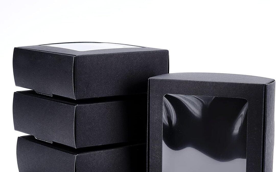 OEM BENECREAT 20 Pack Black Kraft Paper Boxes with Clear Window 3.6×3.6×1.4 Inch Gift Packaging Boxes for Bakery Cookies Cake Candy Wedding Party Favors Factory