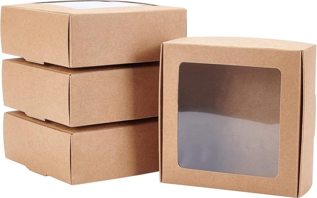 OEM BENECREAT 20 Packs 3.7×3.7×1.4inch Square Brown Kraft Paper Boxes with Clear Windows for Wedding Party Favor, Bakery, Jewelry, Halloween Christmas Gift Packaging Factory