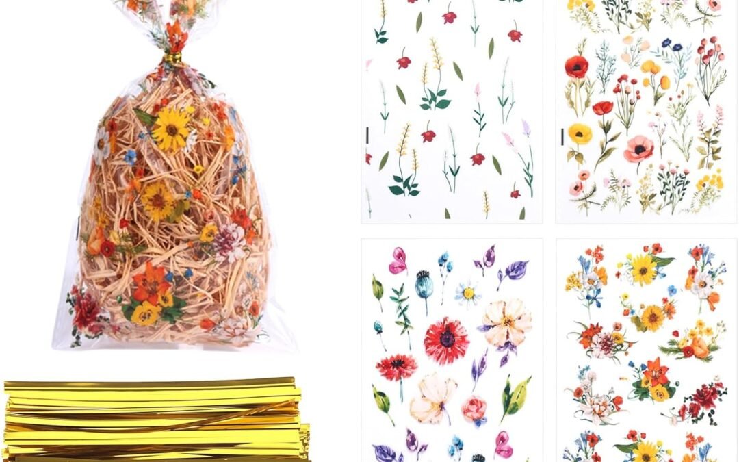 OEM BOXOB 100pcs Floral Flower Cookie Bags, 4 Styles Wildflower Party Cellophane Plastic Clear Goodie Bags with Cable Ties Candy Biscuit Gift Favor Packaging Decor Supply for All Parties Decorations Factory