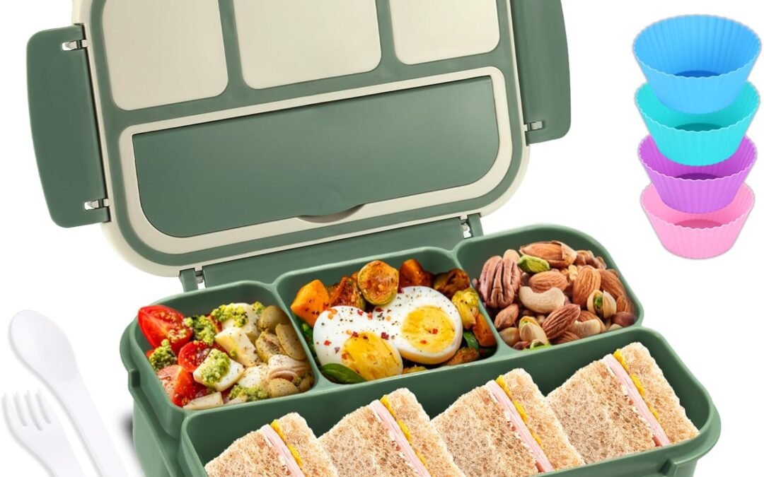 OEM Bento Box Adult Lunch Box, Lunch Containers for Kids Girls Boys with 4 Compartments, Lunchable Food Container with Utensils, Sauce Jar, Muffin Liners, 40 Oz/5 Cup, Microwave & Dishwasher Safe, Green Factory