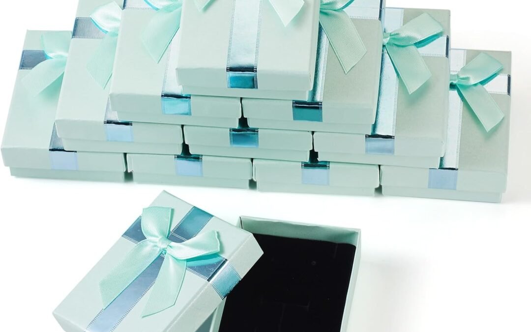 OEM Boutigem 12 Pack Jewelry Gift Boxes 3.58 x 2.68 x 1.22 Inch Light Cyan Small Cardboard Jewelry Boxes with Bowknot Lids Necklace Earring Ring Box for Festival Wedding Birthday Present Jewelry Display Factory