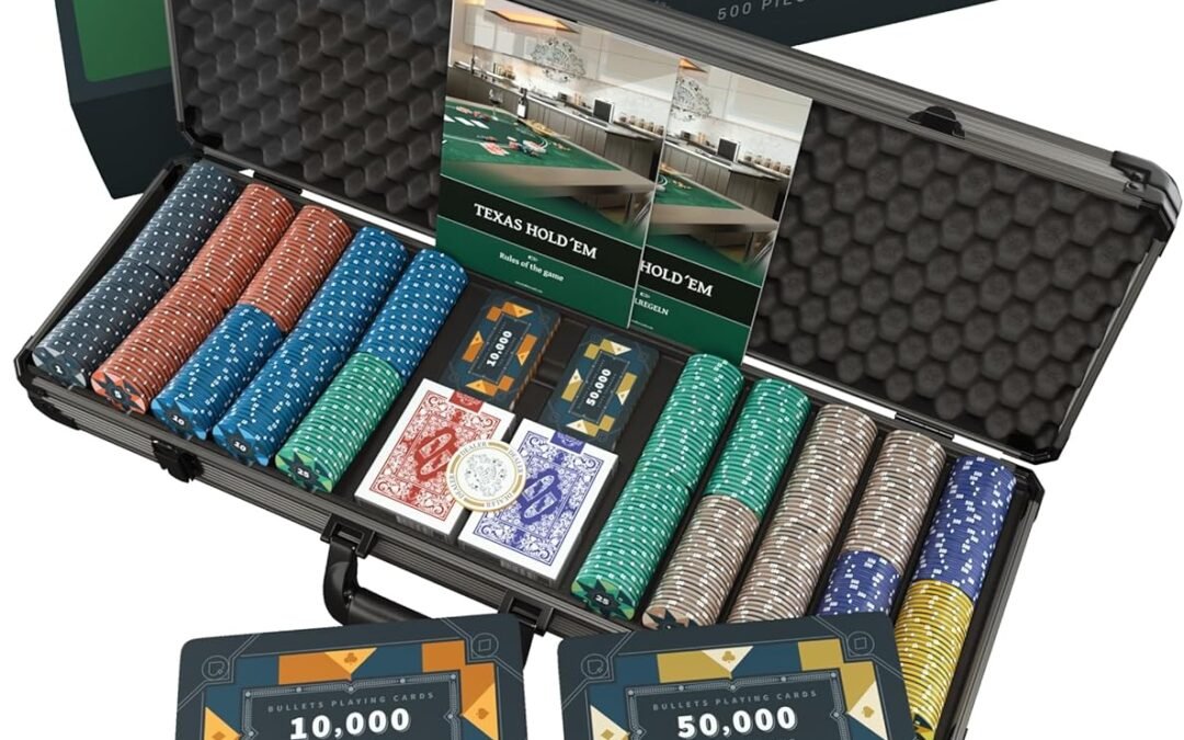 OEM Bullets Playing Cards Poker Sets with Case – Versatile Denominations for Poker, Blackjack, & Casino Games – Durable & Complete Set – Poker Case with 500 Ceramic Poker Chips ‘Richie’ with Values Factory