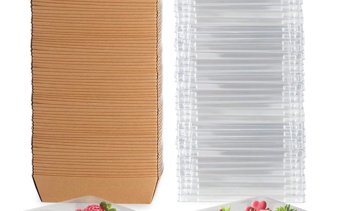 OEM Charcuterie Boxes with Clear Lids 100 Pack, Square Disposable Paper Bakery Boxes, Food Containers to Go for Strawberries, Cupcakes, Desserts, Donuts, Party, Wedding, Outdoors and Home Use (Brown) Factory