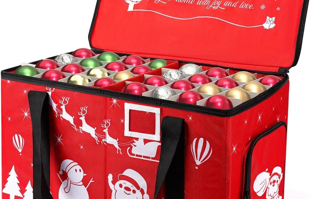 OEM Christmas Ornament Storage Box, Holiday Décor Storage With Dividers for 128 Holiday Ornaments 3″, Holiday Storage Bins with Zipper Closure Lid, Dual Side Handles and Pockets, Red 1 Pack Factory