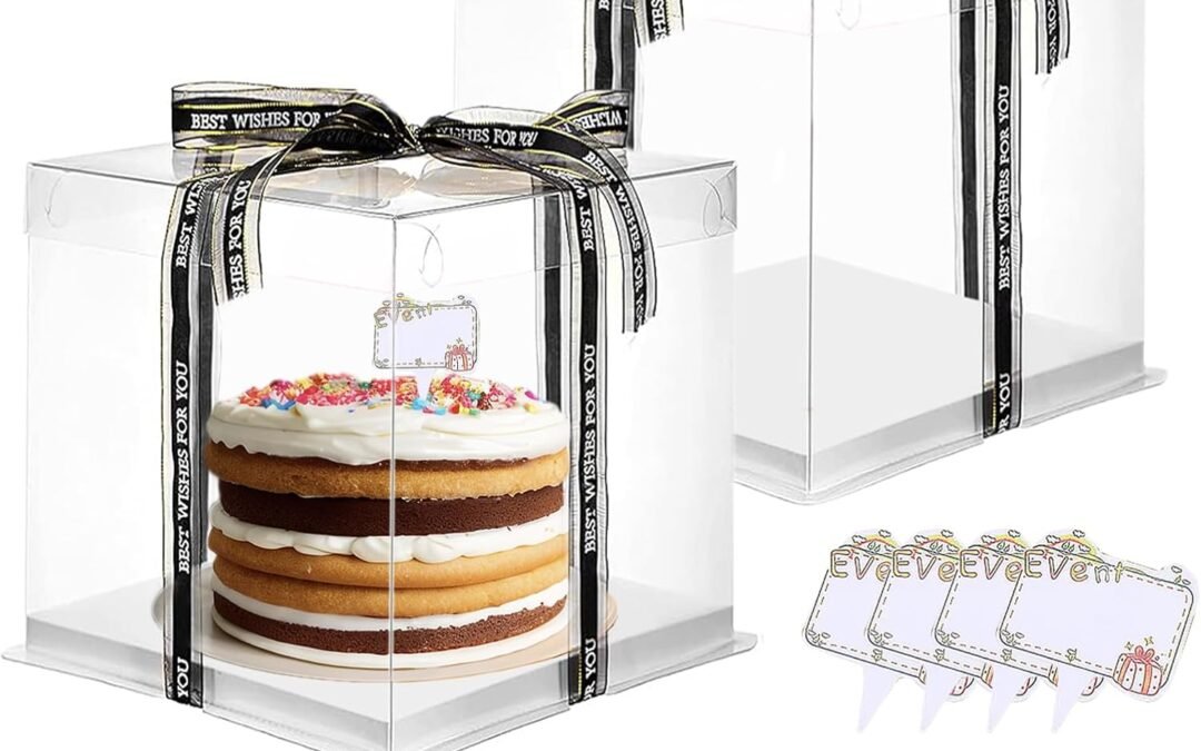 OEM Clear Cake Box, 2 Pcs Transparent Cake Carrier Box with Lids, 8” PET Cake Packaging Boxes with Ribbon Gift Card for Pastries, Clear Gift Boxes for Birthday, Wedding and Festival Party, White. Factory