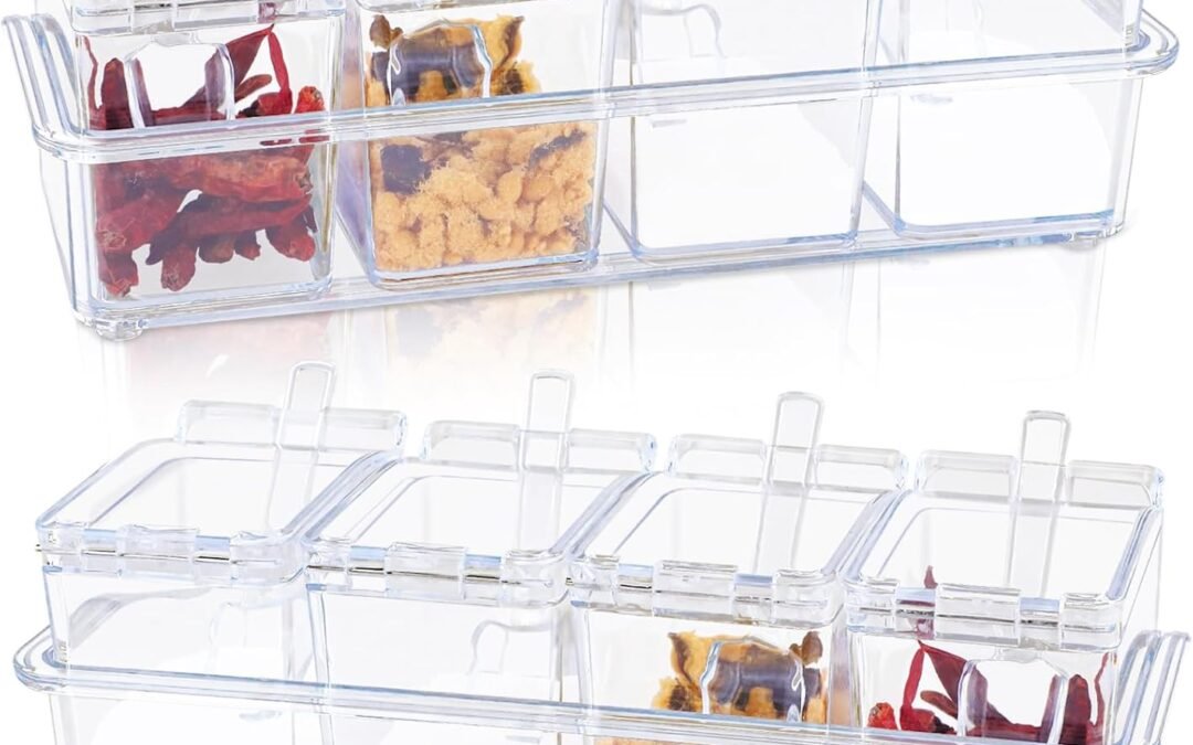 OEM Clear Seasoning Box, 8 Piece Seasoning Rack Spice Pots, Plastic Storage Container Condiment Jars with Lids and Spoon, Kitchen Organization Containers for Spice, Salt, Sugar, Cruet (2 Set) Factory