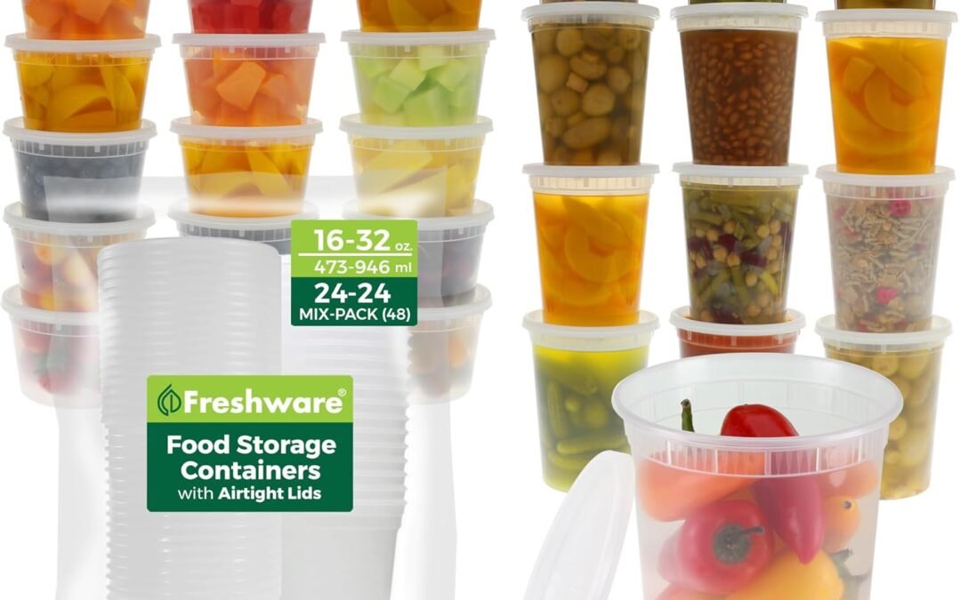 OEM Freshware 48 Pack of 16 and 32 oz, 24 sets each size Food Storage Containers with Lids, Plastic Deli Containers, Meal Prep Containers, Microwave and Freezer Safe, Stackable, Leakproof, BPA Free, Clear Factory