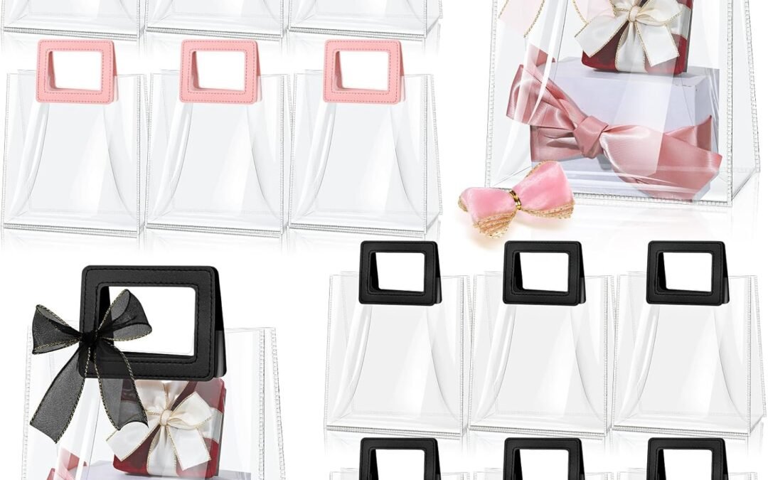 OEM Fulmoon 12 Pcs Clear Gift Bag with Handle and Sheer Ribbon Reusable Transparent PVC Gift Bag for Bridal Party, Baby Shower, Wedding, Birthday, 7 x 4 x 8 Inch(Pink, Black) Factory