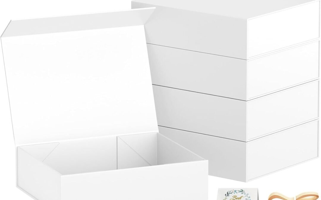 OEM Gift Boxes with Lids, 11.5×7.8×3 In White Gift Box for Presents Magnetic Closure for T-Shirts, Gloves, Scarves, Books, Baby Clothes, Clothing Gift Wrap, Contains Card, Ribbon (5PACK) Factory