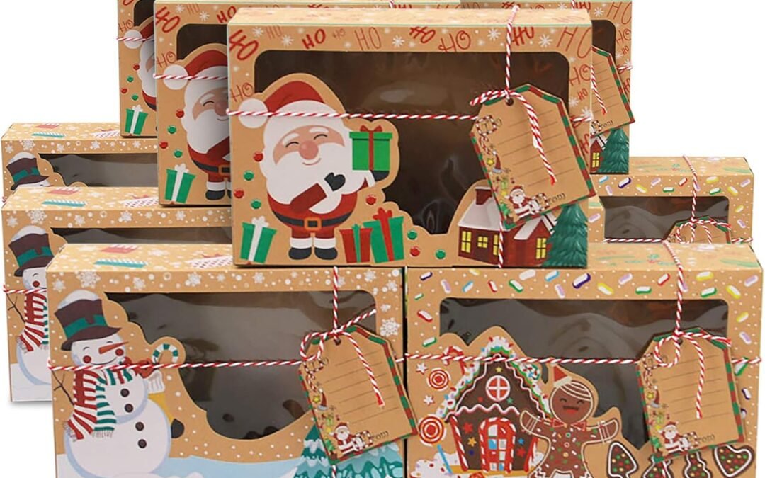 OEM Happy Will 12 Large Christmas Cookie Boxes with Window,Christmas Treat Gift Boxes,Food Grade Kraft Bakery Cupcake Pie Packing Boxes for Gifts Giving Pastry Candy(12 Ribbons and DIY Gift Tags Include) Factory