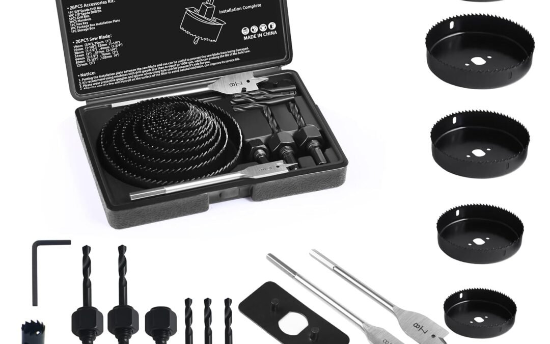 OEM Hole Saw Set, 26PCS Hole Saw Kit with 3/4″ to 5″ (19mm-127mm) Saw Blades, Spade Drill Bit, Mandrels, Drill Bits, Installation Plate,Hex Key with Storage Box for Soft Wood, Plastic,PVC Board Factory