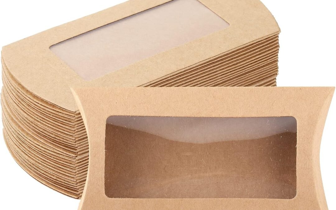 OEM ISKYBOB 50 Pieces Small Kraft Paper Pillow Candy Boxes, 5 x 3in Small Treat Gift Box with Clear Windows Rustic Party Favors Packaging for Wedding, Baby Shower, Birthday Factory